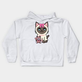 Funny Siamese cat is holding a teddy bear Kids Hoodie